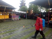 Jelang Pelaksanaan Piodalan, Desa Sumerta Klod Laksanakan Penyemprotan Desinfektan di Pura Dalem Penataran Sumerta penyemprotan desinfektan
