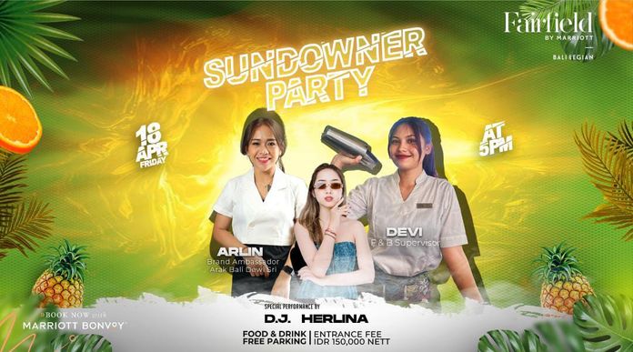 Fairfield by Marriott Bali Legian mengundang Anda menikmati senja tropis dalam acara "Sundowner Party" pada 18 April 2025, dengan sajian koktail Arak Bali, irama musik DJ, dan suasana hangat khas Pulau Dewata.