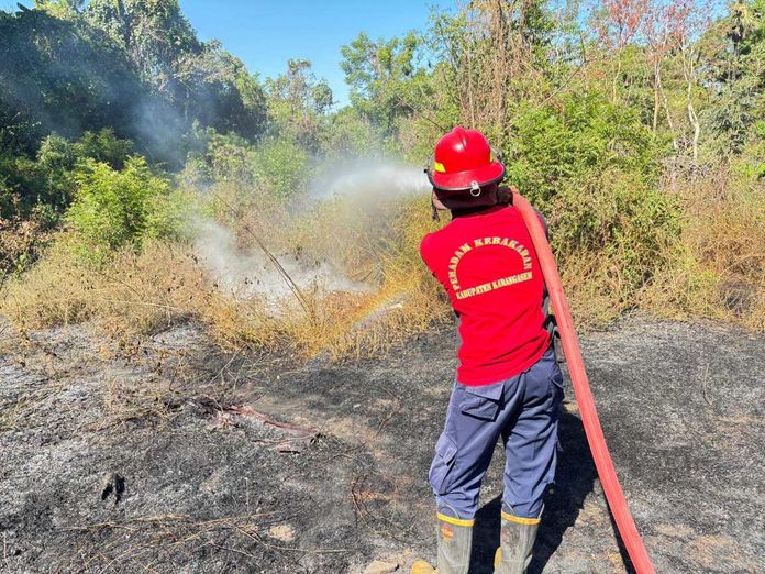 BaliPortalNews_ Kebakaran Lonjakan Kebakaran Lahan, Damkar Karangasem Tarik Personel Selat ke Kubu