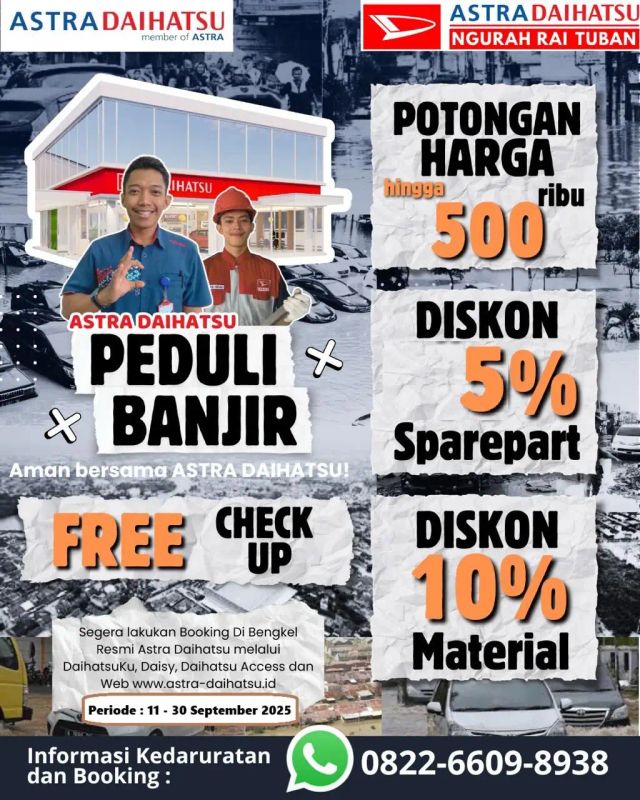 Banjir Bali Rendam Ratusan Mobil, Daihatsu Ngurah Rai Tuban Tawarkan Promo Peduli Banjir