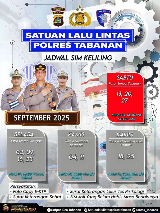 Jadwal SIM Keliling Polres Tabanan Bulan September 2025
