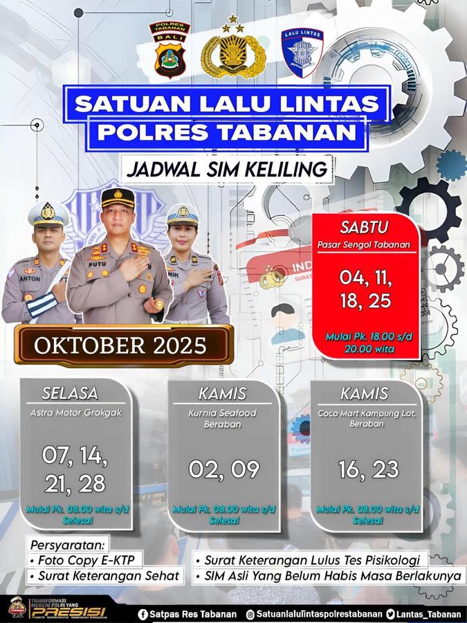 BaliPortalNews_ SIM KELILING TABANAN - OKTOBER Jadwal SIM Keliling Polres Tabanan Bulan Oktober 2025
