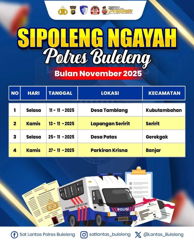 BaliPortalNews_ SIM KELILING NOVEMBER - BULELENG Jadwal SIM Keliling Polres Buleleng Bulan November 2025