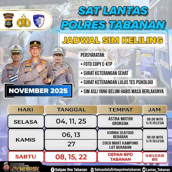 BaliPortalNews_ SIM KELILING NOVEMBER - TABANAN Jadwal SIM Keliling Polres Tabanan Bulan November 2025