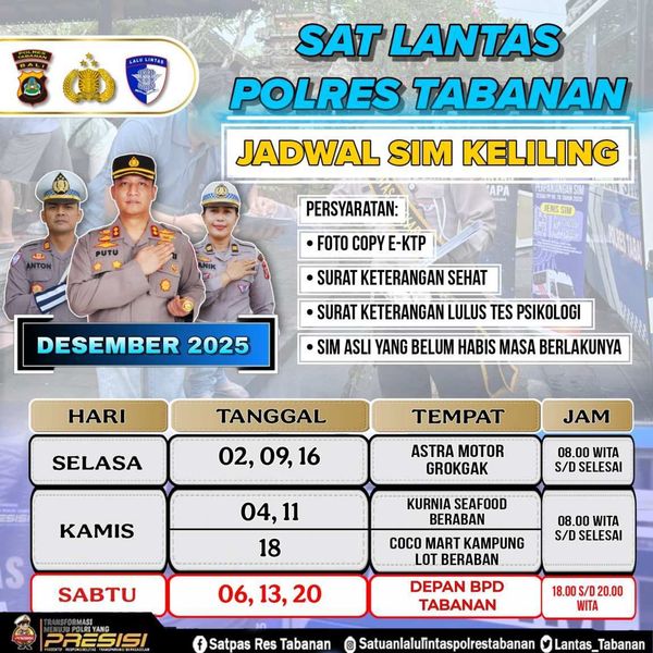 BaliPortalNews_ SIM KELILING TABANAN - DESEMBER Jadwal SIM Keliling Polres Tabanan Bulan Desember 2025