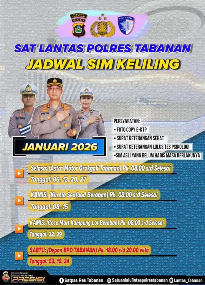 BaliPortalNews_ SIM Keliling Tabanan_JANUARI Jadwal SIM Keliling Polres Tabanan Bulan Januari 2026