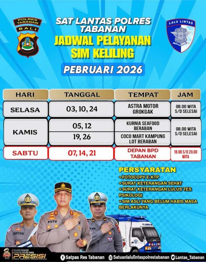 BaliPortalNews_ FEB-SIM Keliling Tabanan Jadwal SIM Keliling Polres Tabanan Bulan Februari 2026