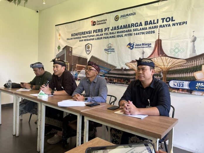 Konferensi Pers PT Jasamarga Bali Tol (JBT) dalam rangka penutupan Jalan Tol Bali Mandara selama Hari Raya Nyepi Caka 1948 dan Kesiapan Libur Panjang Idulfitir 1447/2026 pada Kamis (12/3/2026) di Denpasar. Sumber Foto : tis/bpn