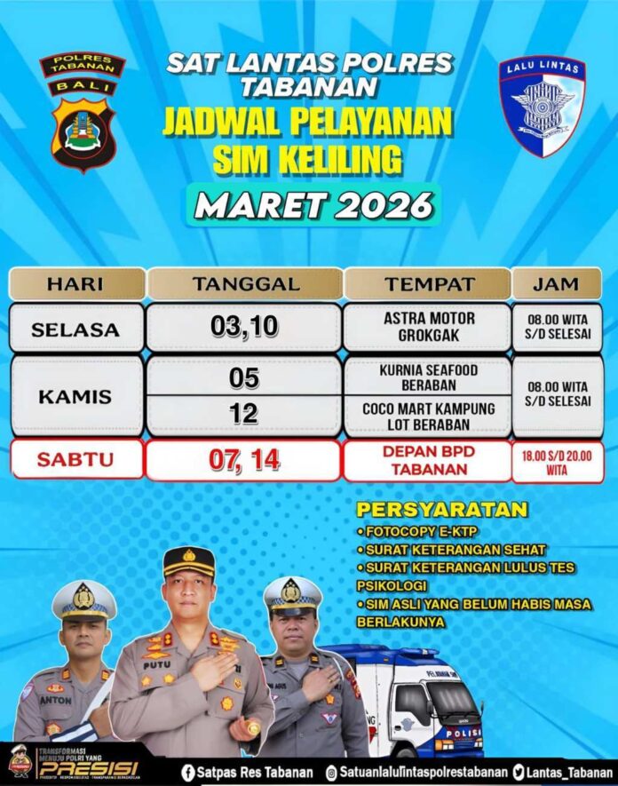 BaliPortalNews_ SIM Keliling Tabanan Maret Jadwal SIM Keliling Polres Tabanan Bulan Maret 2026
