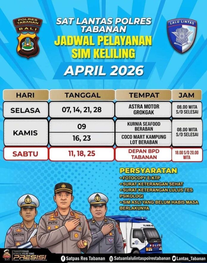 BaliPortalNews_ SIM Tabanan-APril Jadwal SIM Keliling Polres Tabanan Bulan April 2026