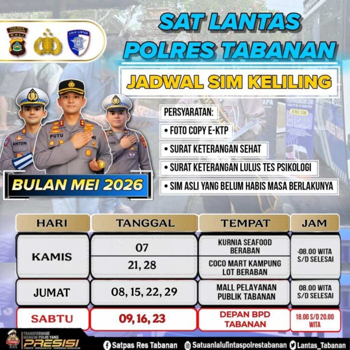 Jadwal SIM Keliling Polres Tabanan Bulan Mei 2026