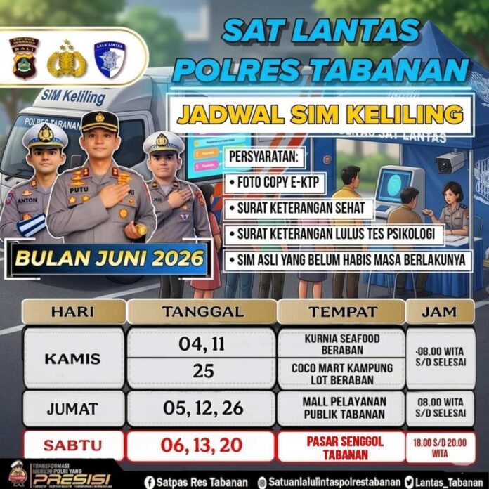 Jadwal SIM Keliling Polres Tabanan Bulan Juni 2026